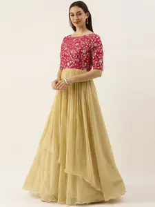 Ethnovog Beige  Red Embroidered Georgette Ethnic Maxi Dress