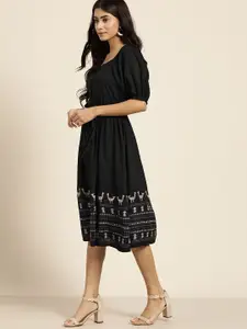 all about you Women Black & Beige Printed A-Line Midi Dress