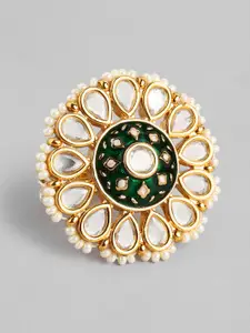Peora Gold Plated & Green Meenakari Kundan Studded Adjustable Finger Ring