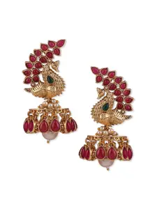 Binnis Wardrobe Gold & Red Peacock Shaped Jhumkas