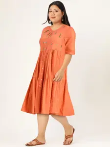 Sangria Orange Geometric Embroidered A-Line Midi Dress