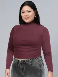 Tokyo Talkies Women Burgundy High Neck T-shirt