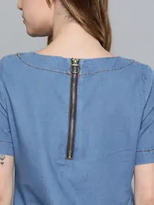 Chemistry Women Blue Solid Denim Pure Cotton Shift Dress