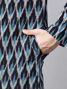 See Designs Men Navy Blue & Off-White Handloom Ikat Woven Design Pure Cotton Kurta