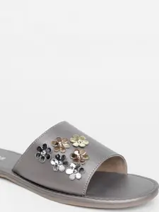 Vishudh Women Grey Embellished Open Toe Flats