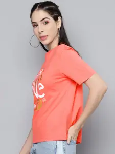 SASSAFRAS Women Coral Orange & White Typography Printed Pure Cotton T-shirt