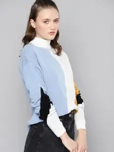 Kook N Keech Women Blue & White High Neck Colourblocked Pullover