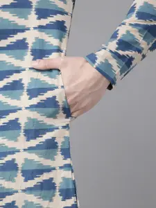See Designs Men Beige & Blue Geometric Printed Pure Cotton Block Print Handloom Kurta