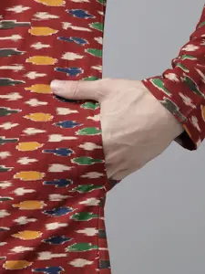 See Designs Men Maroon & Orange Kalamkari Block Print Sustainable Handloom Kurta