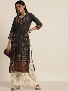 Sangria Women Black & Red Ethnic Motifs Printed Kurta