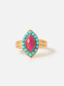 Accessorize London Gold-Plated Turquoise Blue & Magenta Pink Stone Navette Statement Ring