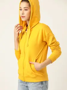 DressBerry Women Yellow Solid Hooded Sweatshirt