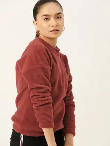 DressBerry Women Maroon Solid Sherpa Sweatshirt