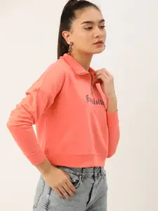 DressBerry Women Coral Pink Pure Cotton Printed Sweatshirt