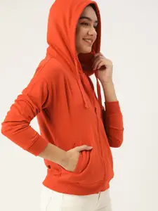 DressBerry Women Orange Solid Hooded Sweatshirt