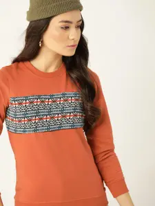 DressBerry Women Rust Orange & Blue Self-Design Sweatshirt