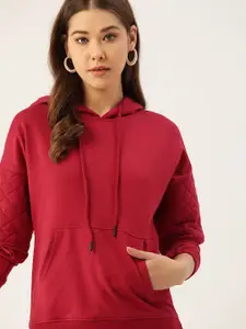 DressBerry Women  Maroon Solid Hooded Sweatshirt