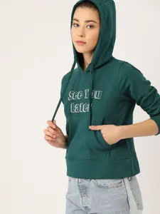 DressBerry Women Green Applique Detail Hooded Sweatshirt