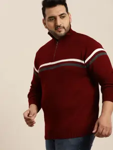 Sztori Men Plus Size Maroon Striped Detail Pullover