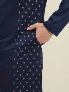 House of Pataudi Men Navy Blue & Gold-Coloured Ethnic Motifs Printed Jashn Straight  Kurta