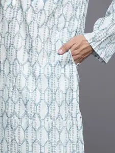 Fabindia Men Blue & White Ethnic Motifs Print Cotton Straight Kurta