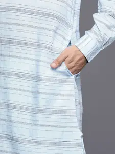 Fabindia Men Blue & Charcoal Grey Striped Cotton Straight Kurta