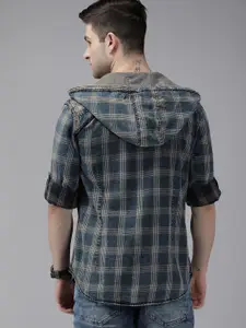 Roadster Men Blue Checked Hooded Casual Shirt