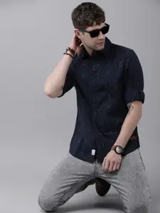 Roadster Men Navy Blue Opaque Printed Pure Cotton Casual Shirt