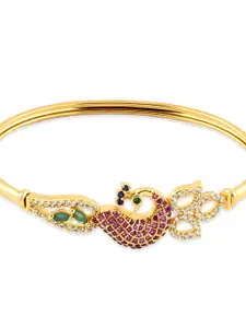 AMI Women Gold-Plated & Pink Brass Cubic Zirconia Peacock Kada Bracelet