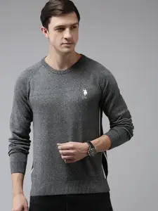U.S. Polo Assn. U S Polo Assn Men Grey Solid Round Neck Pure Cotton Pullover Sweater