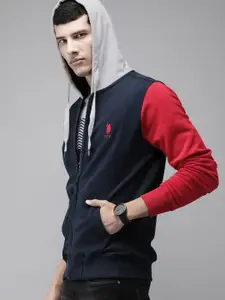 U.S. Polo Assn. U S Polo Assn Men Navy Blue Solid Contrast Sleeves Front-Open Hooded Sweatshirt