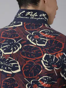 U.S. Polo Assn. Denim Co. Men Navy Blue & Red Cotton Leaf Print Polo Collar T-shirt