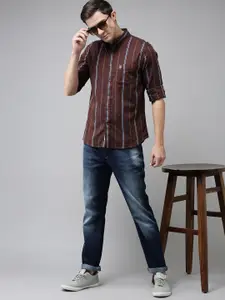 U.S. Polo Assn. U S Polo Assn Men Maroon & White Tailored Fit Striped Pure Cotton Casual Shirt