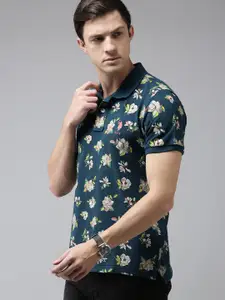 U.S. Polo Assn. U S Polo Assn Men Teal Blue & Beige Floral Printed Polo Collar T-shirt