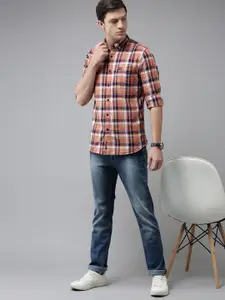 U.S. Polo Assn. Denim Co. U S Polo Assn Denim Co Men Rust Orange & Navy Blue Slim Fit Tartan Checked Casual Shirt