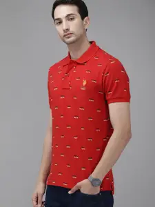 U.S. Polo Assn. Men Red Typography Printed Slim Fit Pure Cotton T-shirt