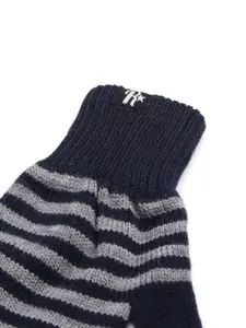 Roadster Men Navy Blue & Grey Acrylic Striped Gloves