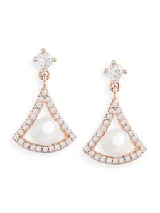 AMI Rose Gold-Plated Cubic Zirconia & Pearl Studded Handcrafted Contemporary Drop Earrings