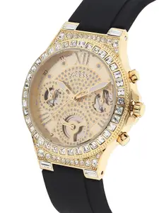GUESS Women Gold-Toned Embellished Dial & Black Straps Analogue Watch GW0257L1