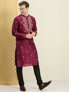 House of Pataudi Men Maroon Motifs Embroidered Thread Work Pure Silk Kurta with Churidar