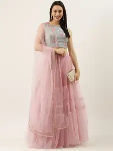 Ethnovog Pink  Blue Embroidered Sequinned Made to Measure Lehenga  Blouse With Dupatta