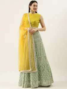 Ethnovog Green  Yellow Thread Work Made to Measure Lehenga  Blouse With Dupatta