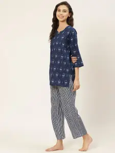 MBeautiful Women Navy Blue & White Organic Cotton Printed Night suit