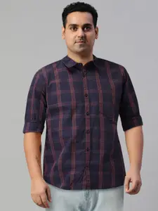 HIGHLANDER Men Navy Blue & Rust Orange Slim Fit Checked Casual Shirt