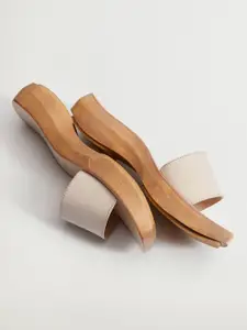 MANGO Women Nude-Coloured Leather Wood Style Platform Heels
