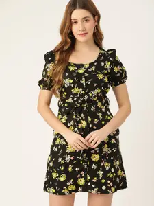 DressBerry Black & Yellow Floral Print A-Line Mini Dress with Belt