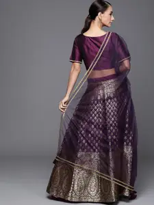 Inddus Women Purple & Golden Print Semi-Stitched Lehenga & Unstitched Blouse With Dupatta