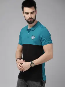 Roadster Men Black & Blue Colourblocked Pure Cotton Polo Collar T-shirt