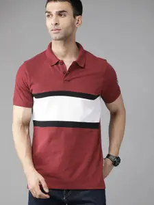 Roadster Men Maroon & White Cotton Striped Polo Collar T-shirt