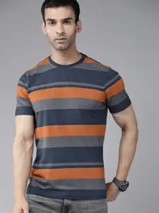 Roadster Men Grey & Navy Blue Cotton Striped T-shirt